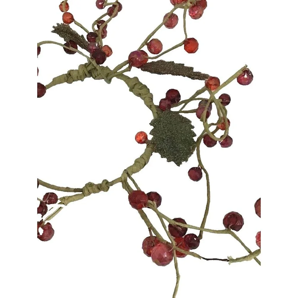Burgundy Berry Green Leaves Wreath Candle Ring Rustic Wire Red Country Folk Art